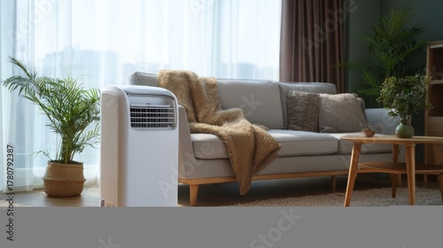 Portable air conditioner in a modern living room setting. Home climate control for comfortable indoor temperature during summer.