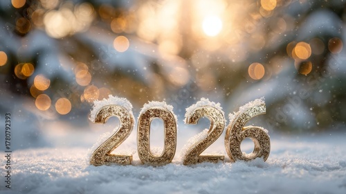 Golden number 2026 standing in fresh white snow against a background of warm bokeh lights and falling snowflakes for winter holiday greeting card.