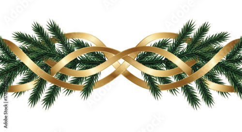 Festive Ribbon Garland: A lush garland, woven with evergreen boughs and glistening golden ribbons, captures the essence of holiday decor, symbolizing festive cheer and seasonal joy.