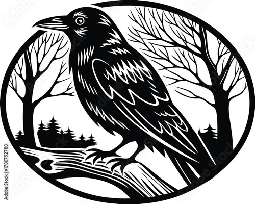 Black Crow Perched on Branch in Stylized Forest Oval Frame