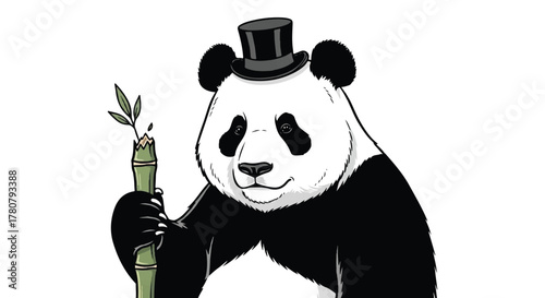 Panda's Elegant Delight: A charming panda, adorned in a sophisticated top hat, cradles a stalk of bamboo, radiating an air of refined contentment. 