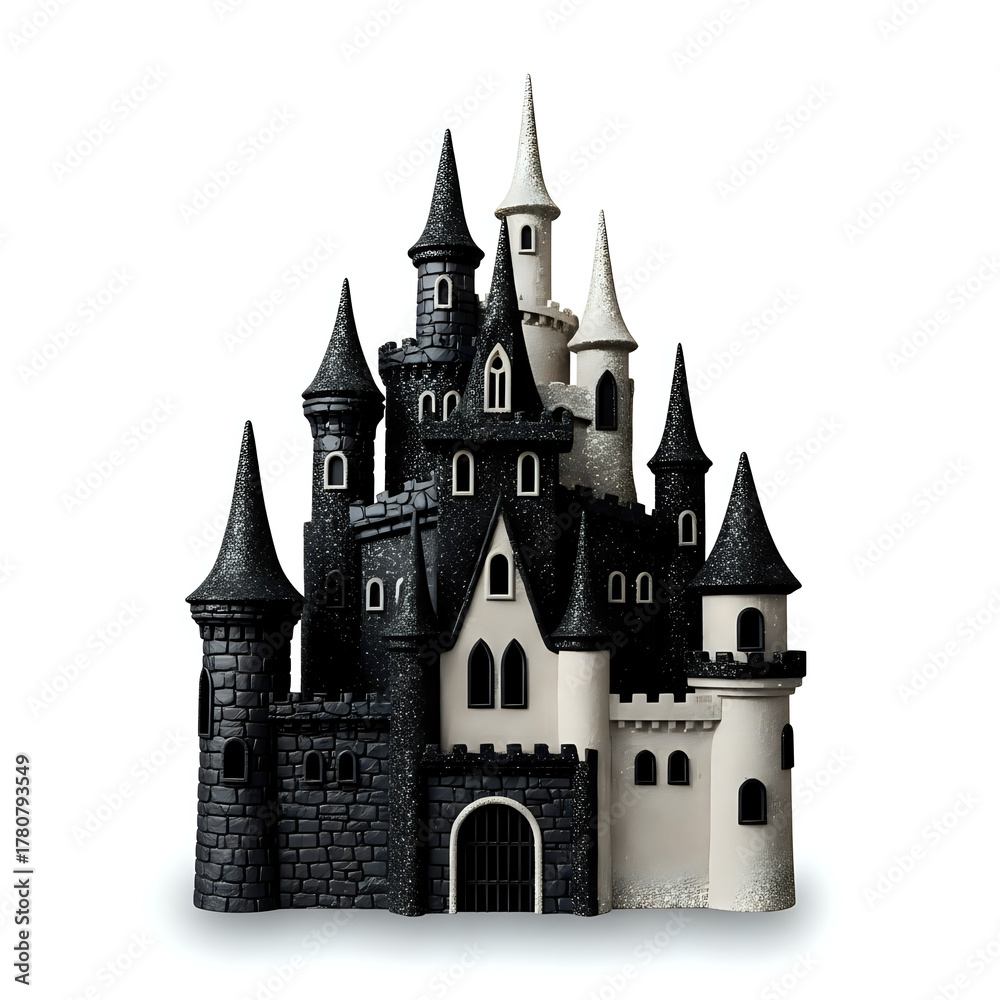 Fototapeta premium Enchanting black and white castle with glittering towers, perfect for fairy tales, fantasy games, and magical Halloween celebrations