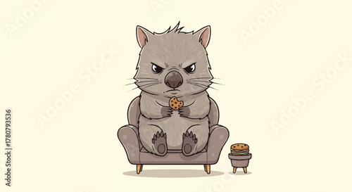 Wombat's Cookie Indulgence: A charming illustration captures an adorable, slightly grumpy wombat enjoying a cookie on a cozy sofa, his intense gaze adding a touch of humor to the scene.