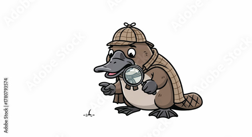 Detective Platypus: An illustration of a platypus in a detective costume with magnifying glass, ready to uncover clues. 