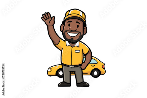 Friendly taxi driver greeting customers at a bustling city street. Colorful vector