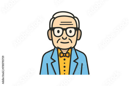 Friendly elderly man in glasses wearing a blue suit with a bow tie. Colorful vector