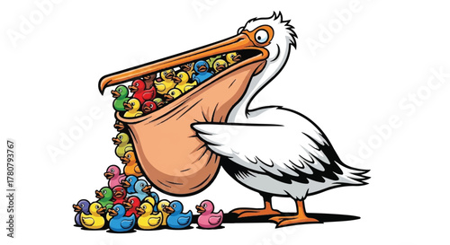 Pelican's Abundance: An illustration of a pelican with a comical expression, its pouch overflowing with colorful ducklings, signifying a delightful and abundant collection. 