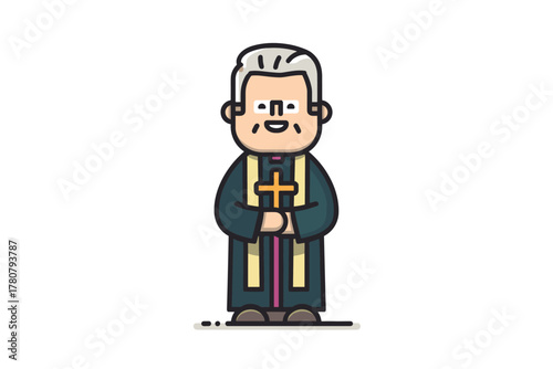 Minister holding a cross in a religious setting for community event. Colorful vector