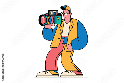 Creative photographer capturing moments in vibrant outfit. Colorful vector