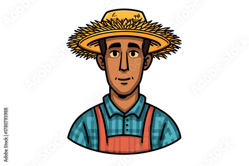 Farmer with straw hat and shirt in agricultural setting. Colorful vector