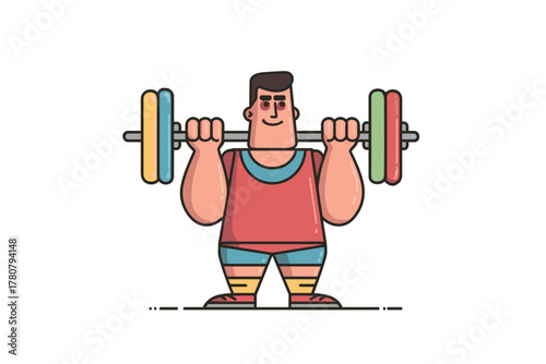 Weightlifting athlete training with barbell in colorful gym. Colorful vector