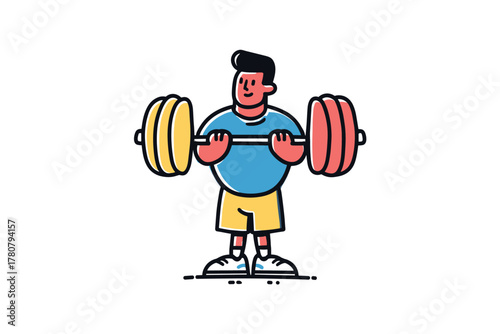Weightlifting exercise by a young man in casual fitness attire. Colorful vector