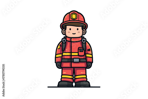 Cartoon firefighter in bright red uniform for design ideas. Colorful vector