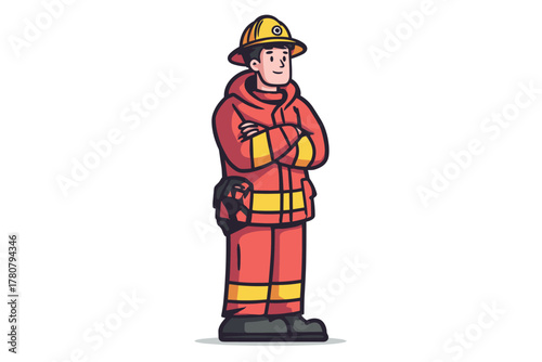 Firefighter character standing confidently in protective gear. Colorful vector