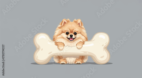 Fluffy Pomeranian and Bone: A charming Pomeranian, with its fluffy fur and cheerful expression, happily holds a giant bone, embodying the simple joy of companionship.