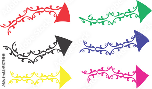 Decorative Swirl Arrows Set – Colorful Ornamental Arrow Design, Curved Floral Vector Elements