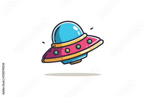 Colorful flying saucer cartoon design for creative projects. Colorful vector