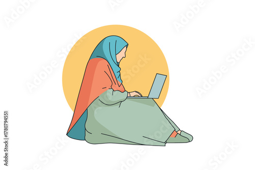 Muslim woman working on laptop while sitting in a comfortable position. Colorful vector