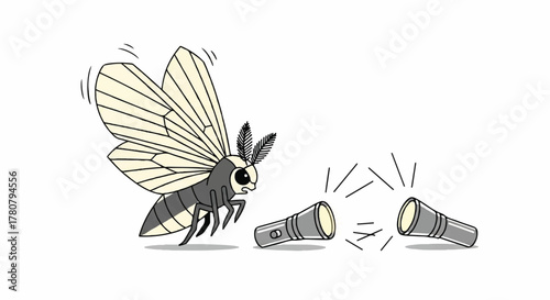 Moth Drawn to Light: A stylized moth with detailed wings and antenna, its flight path directed towards the allure of two lit flashlights, symbolizing curiosity and attraction.