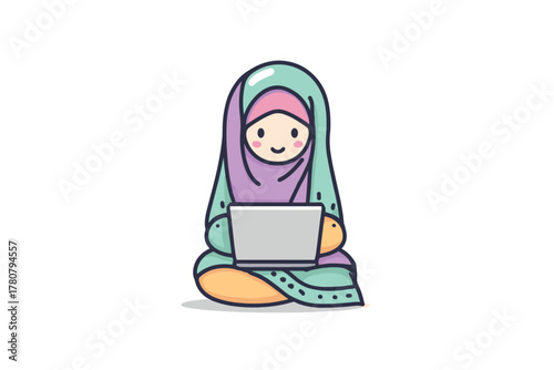 Young woman using laptop while wearing traditional attire at home. Colorful vector