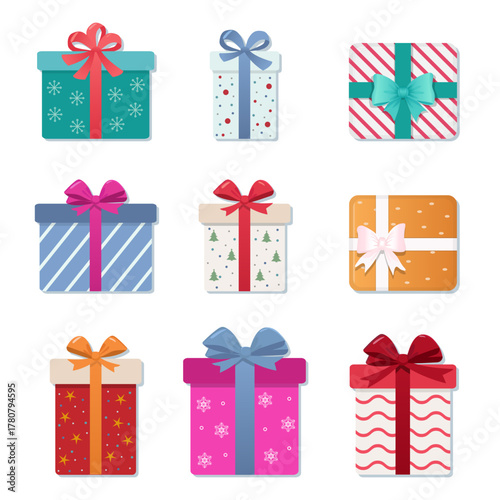 Set of nine colorful  gift boxes with ribbons and festive patterns — snowflakes, trees, stripes, dots. For greeting cards, web banners, packaging, advertising. Vector illustration on white background.