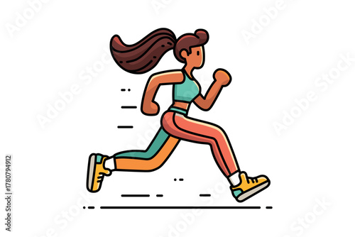 Dynamic runner in vibrant activewear sprinting outdoors. Colorful vector