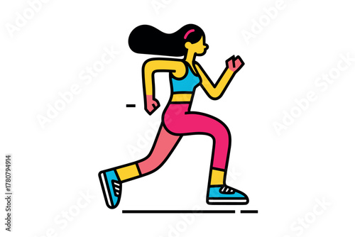 Running woman in vibrant workout outfit for fitness motivation. Colorful vector