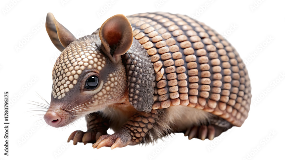 Obraz premium A small, cute armadillo with its armored shell is shown isolated on a transparent background, highlighting its unique texture and features