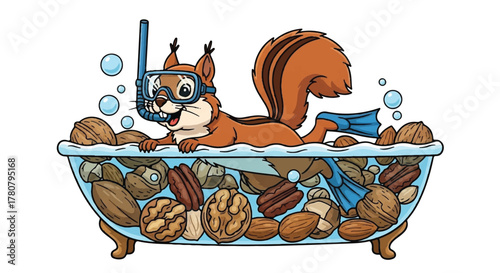 Squirrel Diver in Nut Bath: A playful squirrel takes the plunge in a tub filled with various nuts, embracing adventure with snorkeling gear and flippers.