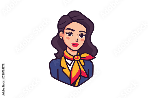 Flight attendant illustration with cheerful demeanor and uniform. Colorful vector
