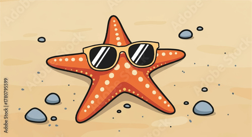 Sun-kissed Starfish: A cheerful starfish with cool sunglasses relaxes on the sandy shore, a vibrant symbol of summer relaxation and beachside bliss.