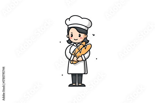 Chef holding freshly baked baguettes in a bakery setting. Colorful vector