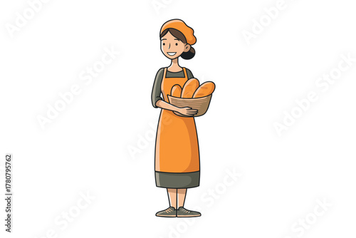 Baker holding fresh bread in a cozy kitchen setting. Colorful vector