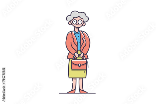Senior woman standing with a briefcase in business attire. Colorful vector