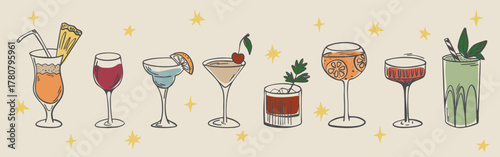 Colorful hand drawn cocktail glasses set, vector illustration of mixed drinks and alcoholic beverages on light background