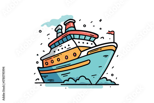 Colorful cartoon ship sailing through waves on a sunny day. Colorful vector
