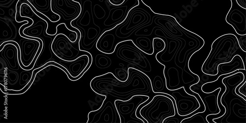 The grey white on black contours vector topography stylized height of the lines. Topographic map lines, contour background. Abstract line of the topographic map.