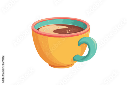 Colorful cup filled with warm coffee for morning enjoyment. Colorful vector