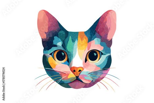 Colorful cat face design for home decor and art projects. Colorful vector