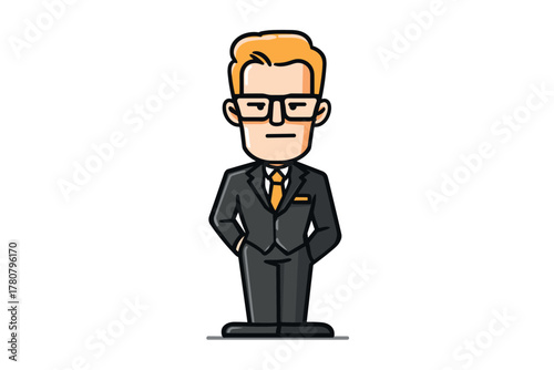 Business character in a suit standing confidently for workplace design. Colorful vector