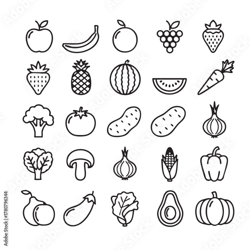 Black and white fruit and vegetable line drawing illustration vector