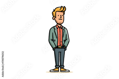 Young man standing confidently in casual outfit with hands in pockets. Colorful vector