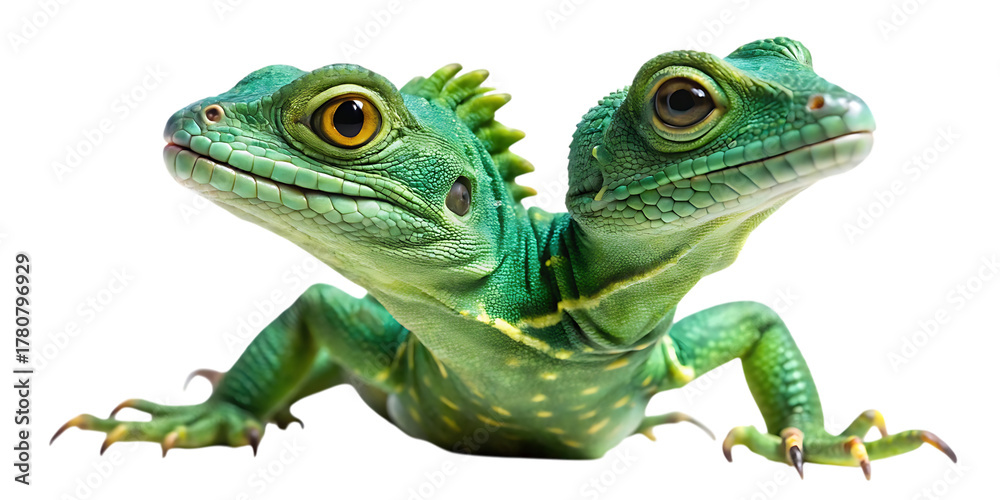 Fototapeta premium A vibrant green lizard with two heads, captured in a studio setting and isolated on a clean transparent background, showcasing its unique reptilian features and striking coloration