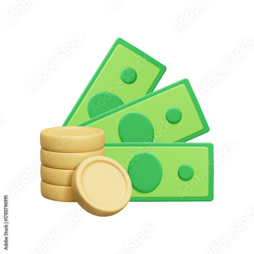 3D money vector illustration. Paper currency bills and stack of golden metal coins 3D icon. Symbol of earnings treasure, savings investments finance economy sign. 3D money cash.