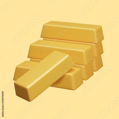 Gold bar stack 3D realistic render. Bank treasury savings. Gold bullion bricks stack. Inflation free savings, investment, government gold reserves, gold standard in world finance system.