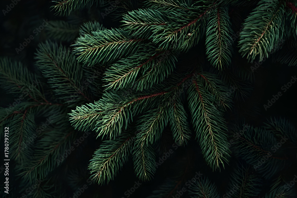 Obraz premium Close-up of lush green pine tree branches against a dark background, showcasing detailed needle textures.