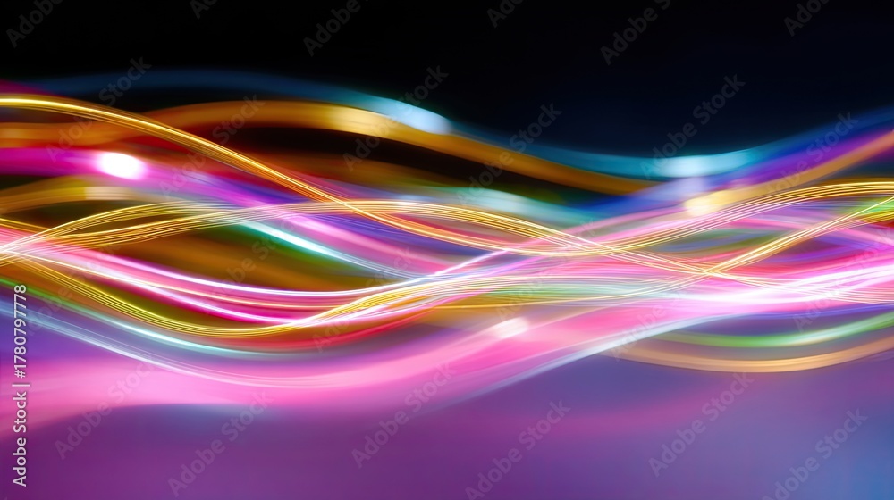 Naklejka premium Vibrant and Colorful Long Exposure Light Trails Creating Abstract Patterns with Swirling Designs Against a Dark Background