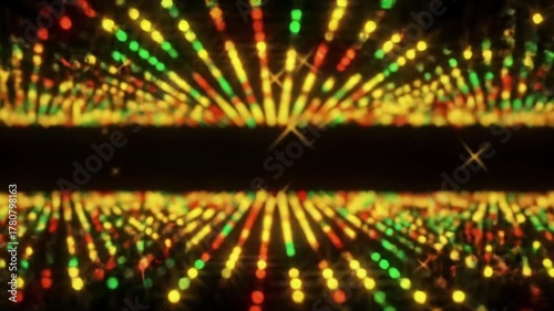 An infinite grid of tiny, brilliant red, green, yellow light points pulsates with star flares on a black background, subtle dolly push-in, sharp focus, futuristic digital art concept