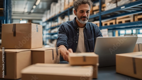 A man working in a warehouse, managing packages, and using a laptop to streamline operations and enhance productivity.