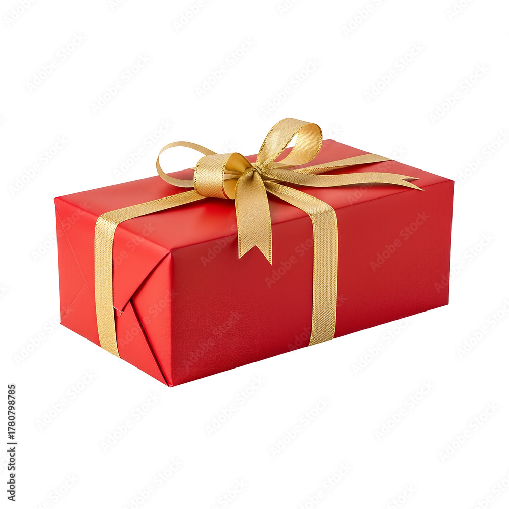 Obraz premium Red gift box with golden ribbon wrapped present for Christmas or birthday Isolated on transparent background, png